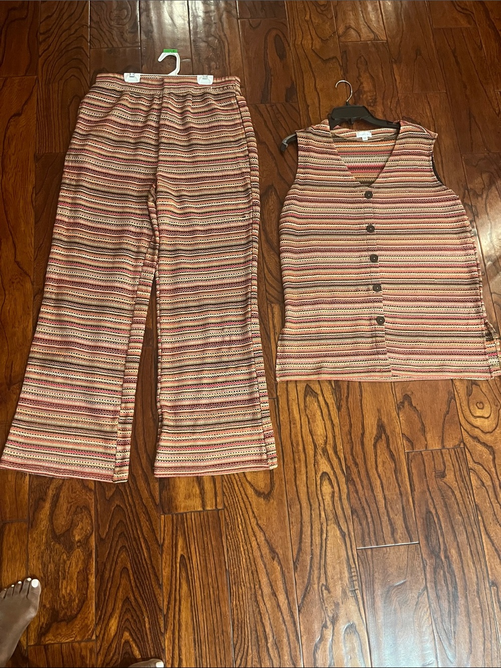 Women’s High Rise Crochet Striped Button-Front Pants Set - Fall colors Multi